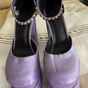 Versace Lilac Platform Ankle-Strap Heels with Gold Accents